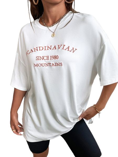 letter embroidery drop shoulder tee q9ht#, White