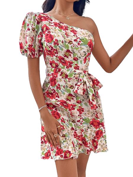 allover floral print one shoulder puff sleeve ruffle hem belted dress e4wy#, Black;gray
allover floral print one shoulder puff sleeve ruffle hem belted dress e4wy#, Black;gray