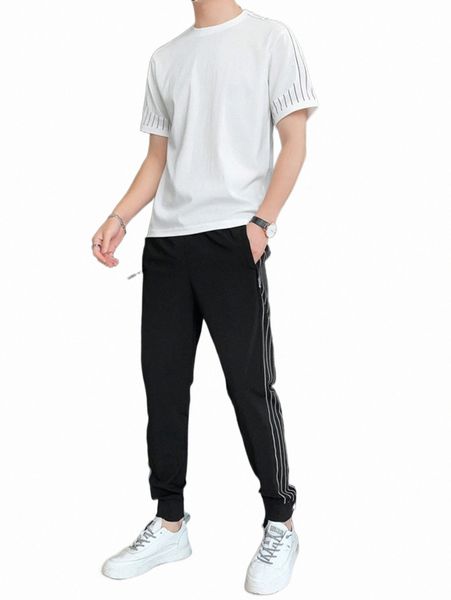 men vertical striped tee & pants a6xd#, Gray