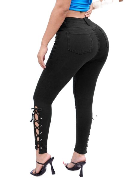 grommet lace up skinny jeans e3fc#, Blue