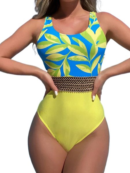 plant print stitch detail one piece swimsuit m1xl#, White;black