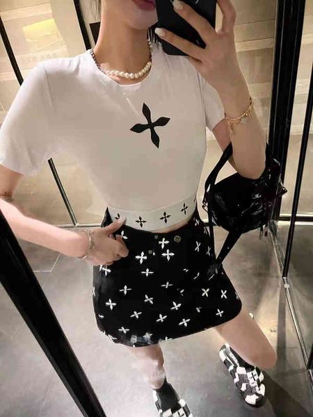 women's t-shirt smfk summer cross print slim waist elastic webbing short t-shirt, White
women's t-shirt smfk summer cross print slim waist elastic webbing short t-shirt, White