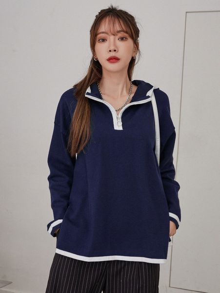 dazy contrast binding zipper detail hooded sweater v2z9#, White;black 
dazy contrast binding zipper detail hooded sweater v2z9#, White;black