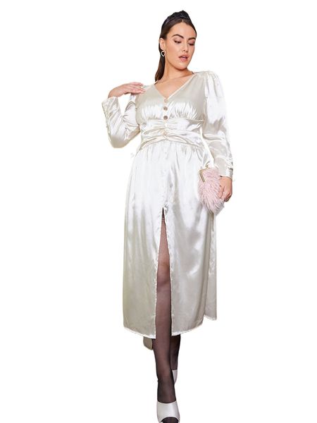 plus solid split thigh satin dress l86c#, Black
plus solid split thigh satin dress l86c#, Black