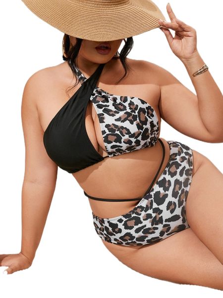 plus leopard print tie back halter bikini swimsuit p2lq#, White;black 
plus leopard print tie back halter bikini swimsuit p2lq#, White;black