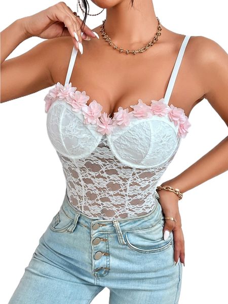 appliques bustier lace cami bodysuit c6bo#, White
