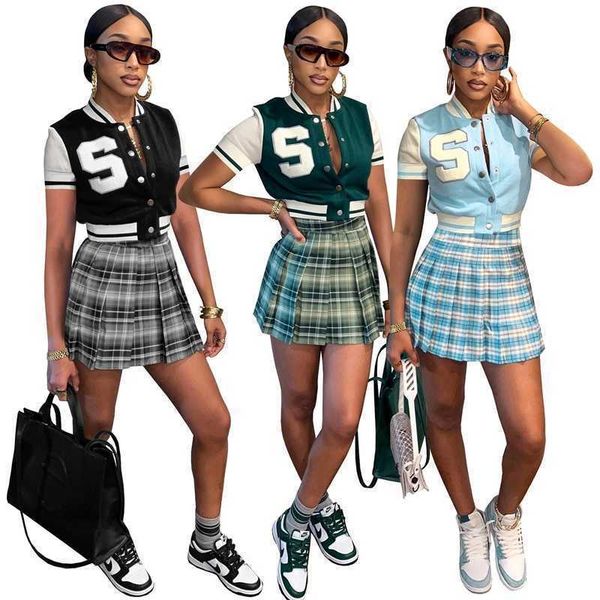 women baseball tracksuits 2023 summer two piece dress set short sleeve embroidered letter varsity jacket plaid skirt suit, Gray
women baseball tracksuits 2023 summer two piece dress set short sleeve embroidered letter varsity jacket plaid skirt suit, Gray