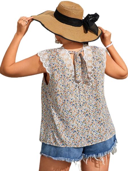 plus polka dot tie back contrast lace blouse d2jt#, Black