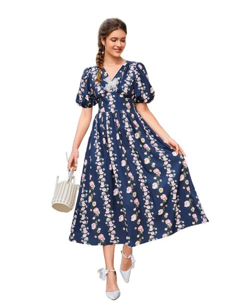 floral print bow front puff sleeve dress k4ds#, Black;gray