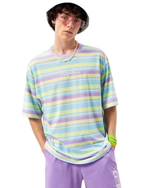 men colorful striped & letter graphic drop shoulder tee s1tk#, White;black 
men colorful striped & letter graphic drop shoulder tee s1tk#, White;black