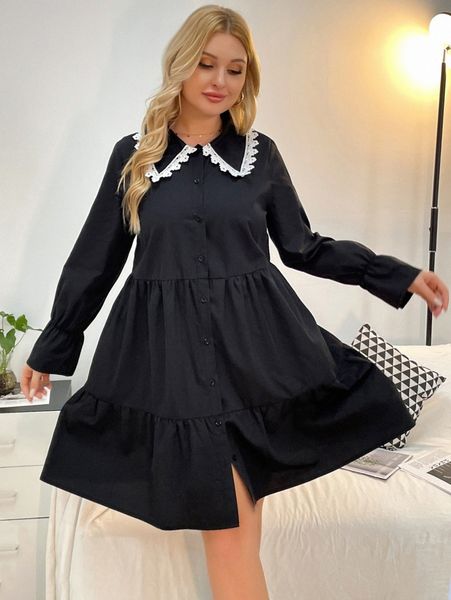 plus guipure lace detail flounce sleeve ruffle hem smock dress 14on#, Black 
plus guipure lace detail flounce sleeve ruffle hem smock dress 14on#, Black