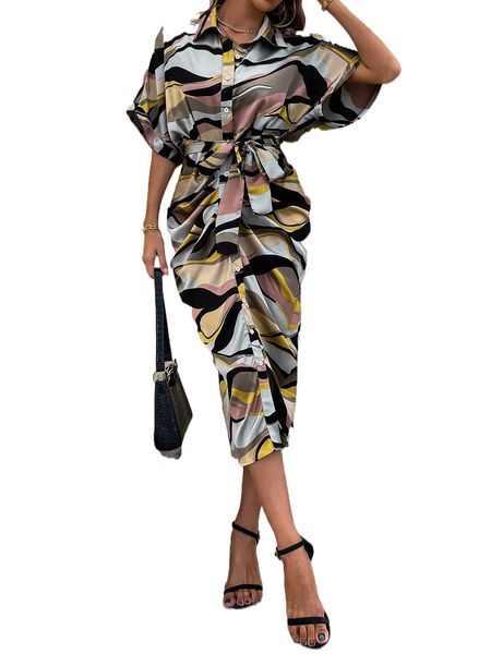 allover print batwing sleeve button through belted satin shirt dress g6a0#, Black;gray
allover print batwing sleeve button through belted satin shirt dress g6a0#, Black;gray