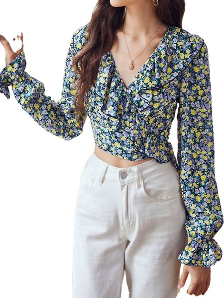 allover floral print flounce sleeve crop 466l#, White
allover floral print flounce sleeve crop 466l#, White