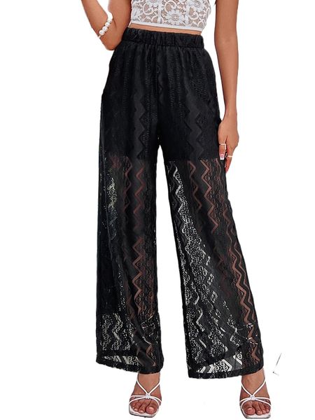 high waist lace wide leg pants 62se#, Black;white