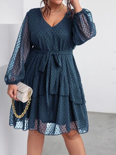 plus swiss dot bishop sleeve belted chiffon dress t6sq#, Black