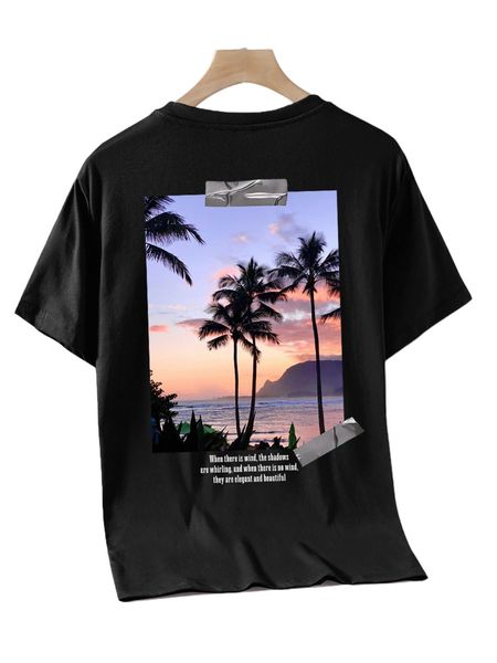 men sea & coconut tree print tee f8x1#, White;black 
men sea & coconut tree print tee f8x1#, White;black