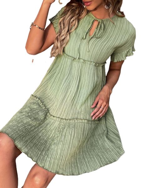 tie neck frill trim batwing sleeve ruffle cuff dress w8fp#, Black;gray 
tie neck frill trim batwing sleeve ruffle cuff dress w8fp#, Black;gray