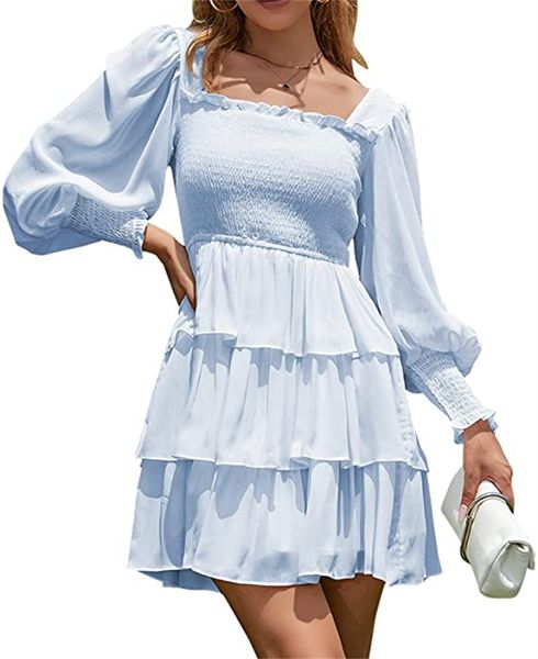 women's & tees square neck pleated long sleeve floral print tiered lacing back tiered swing mini dress, White
women's & tees square neck pleated long sleeve floral print tiered lacing back tiered swing mini dress, White