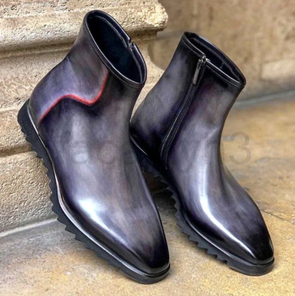 boots designer men's grey shiny side zipper leather boot flat bottom non slip low heel comfortable men, Black 
boots designer men's grey shiny side zipper leather boot flat bottom non slip low heel comfortable men, Black