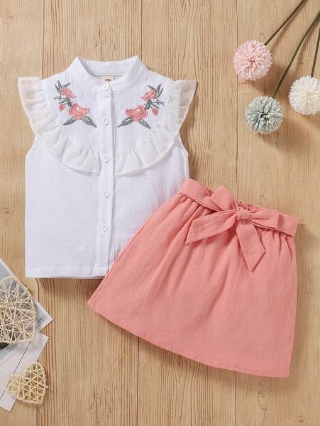 little girl flower embroidered button shirt with skirt she, White
little girl flower embroidered button shirt with skirt she, White
