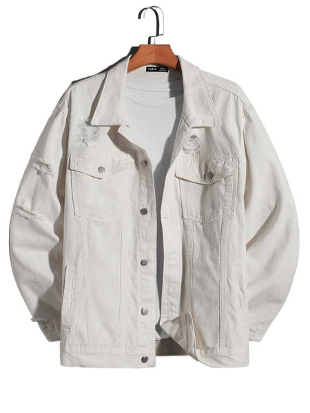 extended sizes men ripped flap pocket denim jacket j7ev#, Black;brown 
extended sizes men ripped flap pocket denim jacket j7ev#, Black;brown