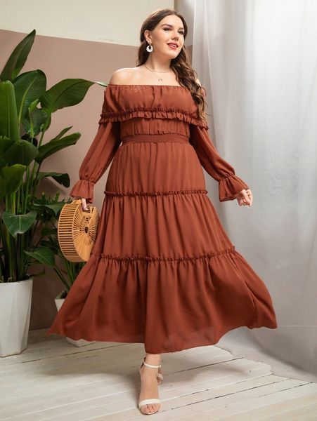 plus off shoulder flounce sleeve shirred waist layered dress 12zn#, Black 
plus off shoulder flounce sleeve shirred waist layered dress 12zn#, Black