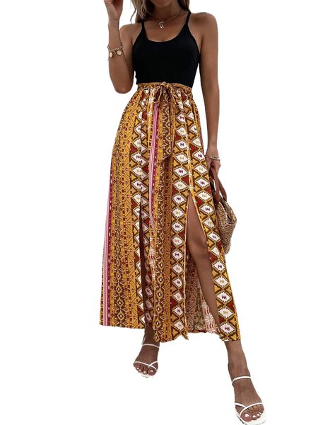 geo print crisscross back slit thigh belted cami dress m58j#, Black;gray
