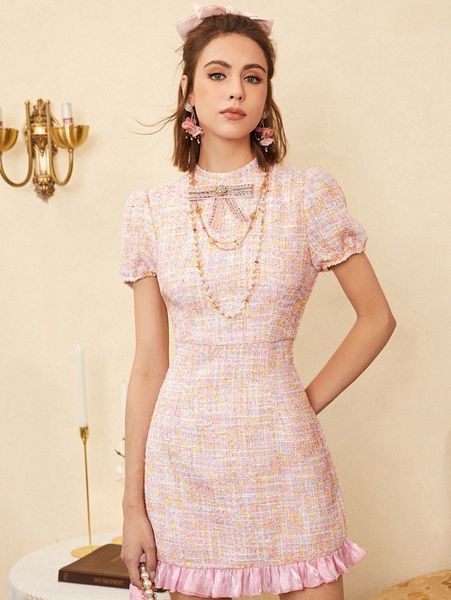 mock neck bow front ruffle hem tweed dress j6h3#, Black;gray 
mock neck bow front ruffle hem tweed dress j6h3#, Black;gray