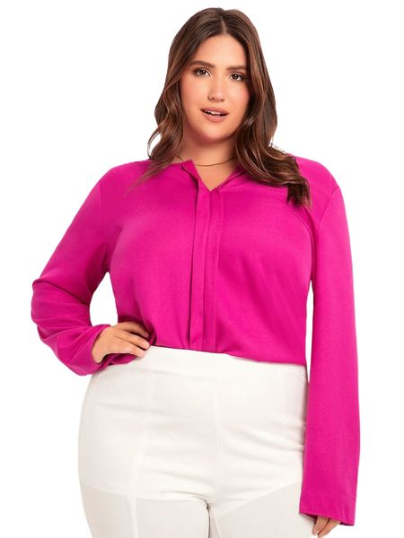 evolu plus solid notched neck blouse d1ep#, Black