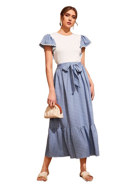 colorblock plaid butterfly sleeve & high waist belted ruffle hem skirt set f4fl#, White
colorblock plaid butterfly sleeve & high waist belted ruffle hem skirt set f4fl#, White