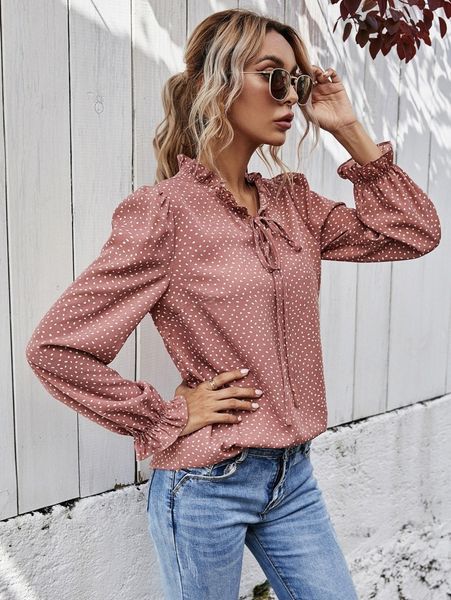 all over print tie neck flounce sleeve blouse 41hk#, White