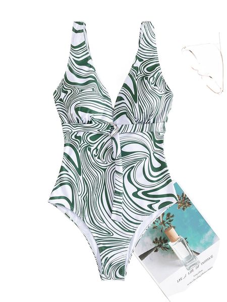 allover print belted one piece swimsuit b9ut#, White;black