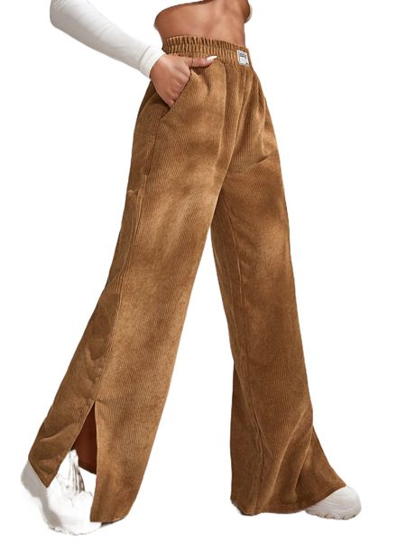 letter patched slit hem corduroy pants w7tr#, Black;white