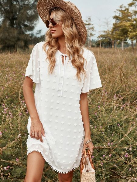 swiss dot tie neck butterfly sleeve pom pom trim dress b4c8#, Black;gray
swiss dot tie neck butterfly sleeve pom pom trim dress b4c8#, Black;gray