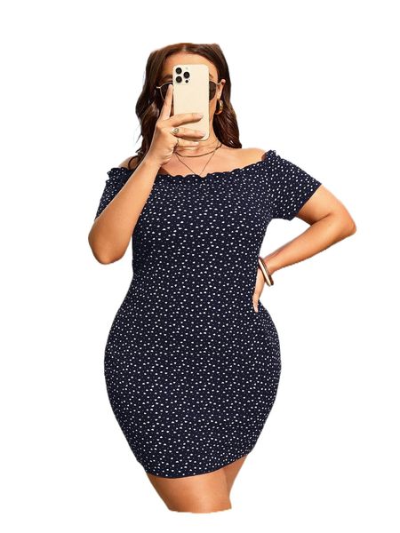 plus allover heart print frilled off shoulder bodycon dress c20o#, Black 
plus allover heart print frilled off shoulder bodycon dress c20o#, Black