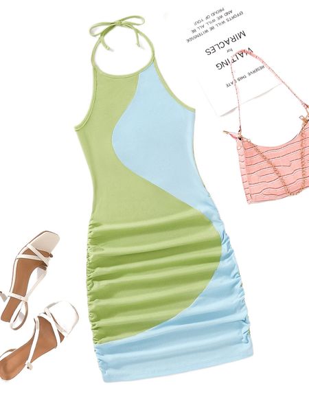 two tone halter neck ruched ribbed knit dress x4yz#, Black;gray
two tone halter neck ruched ribbed knit dress x4yz#, Black;gray