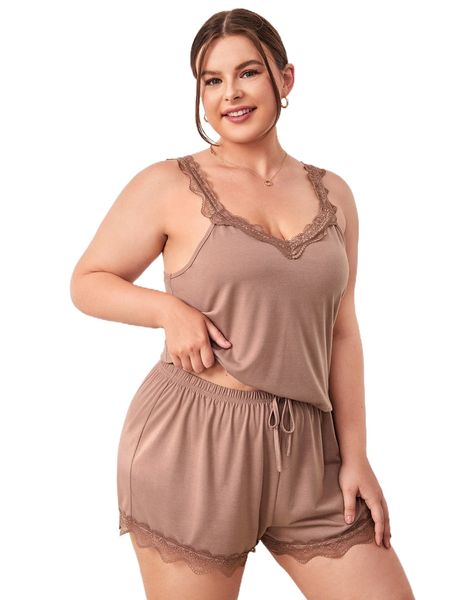 plus lace trim knot front pajama set s4qy#, Black;white