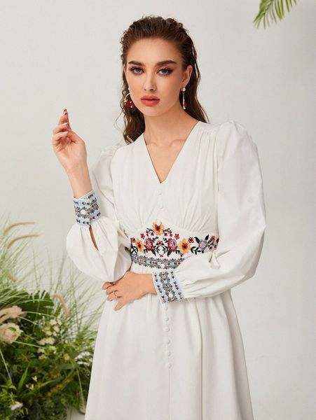 floral embroidery bishop sleeve dress k3cq#, Black;gray