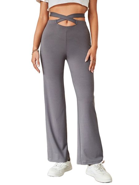 solid criss cross tie back pants e907#, Black;white