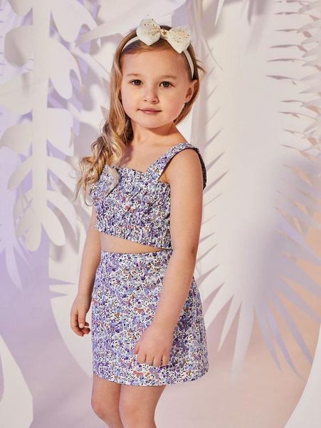 sheen little girl ruffle small floral short and skirt set she, White 
sheen little girl ruffle small floral short and skirt set she, White