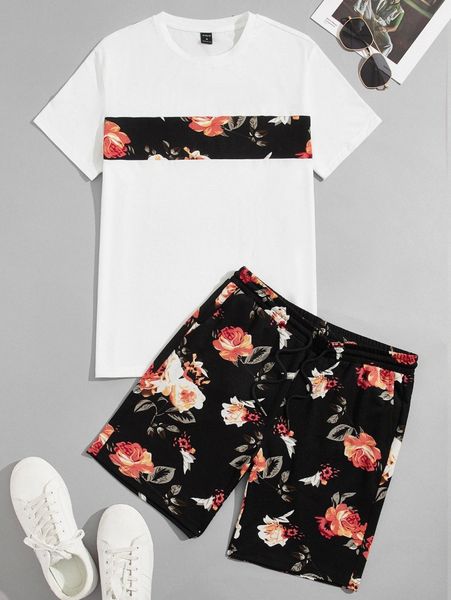 men colorblock floral print tee & drawstring waist shorts set 79z9#, Gray 
men colorblock floral print tee & drawstring waist shorts set 79z9#, Gray
