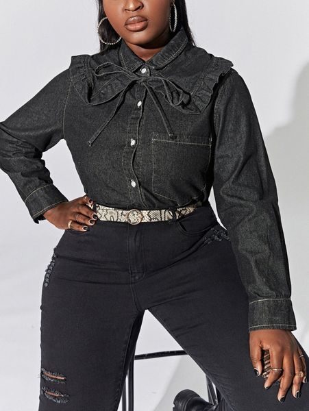 plus knot front ruffle trim denim jacket & ripped skinny jeans without belt i5zl#, White
plus knot front ruffle trim denim jacket & ripped skinny jeans without belt i5zl#, White