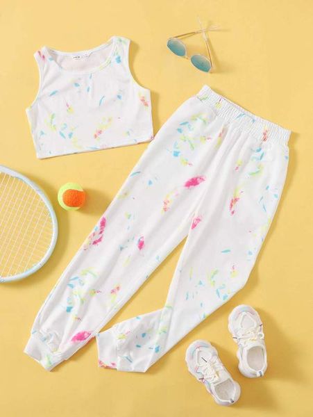 girls tie dye crop tank & joggers set she, White 
girls tie dye crop tank & joggers set she, White