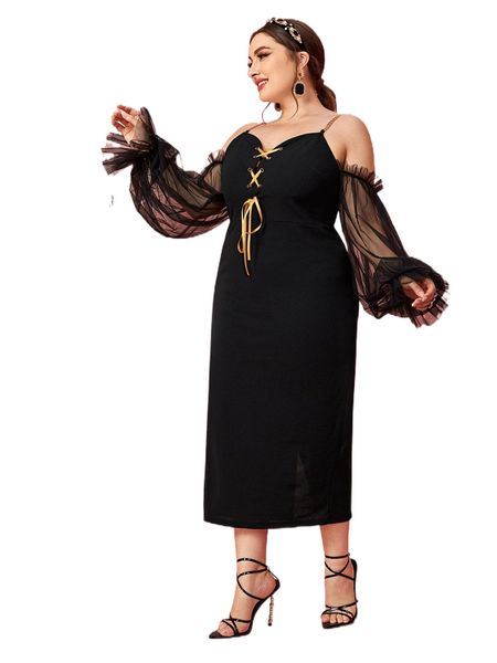 plus grommet lace up cold shoulder contrast mesh flounce sleeve dress 20vk#, Black