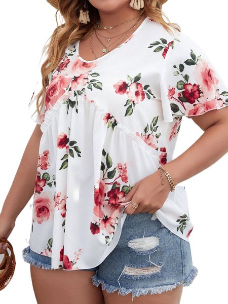 plus floral print frill trim blouse c1xb#, Black