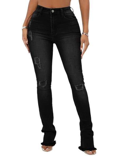 high waist ripped raw hem skinny jeans r3ls#, Blue