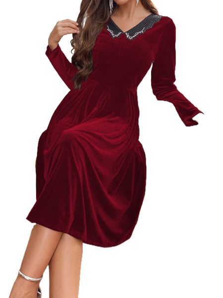 peter pan collar rhinestone detail dress i6oa#, Black;gray