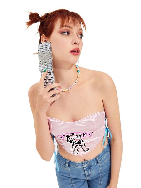 dog print lace up side satin tube n764#, White