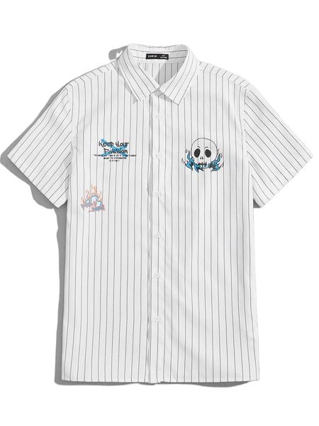 men striped & slogan & skull print shirt y6u0#, White;black