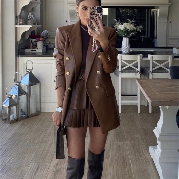 woman elegant brown leather blazer autumn vintage female solid double breasted pu blazers ladies high street outwear 220402, White;black
woman elegant brown leather blazer autumn vintage female solid double breasted pu blazers ladies high street outwear 220402, White;black